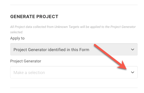 A red arrow is pointing to the project generator identified in this form.