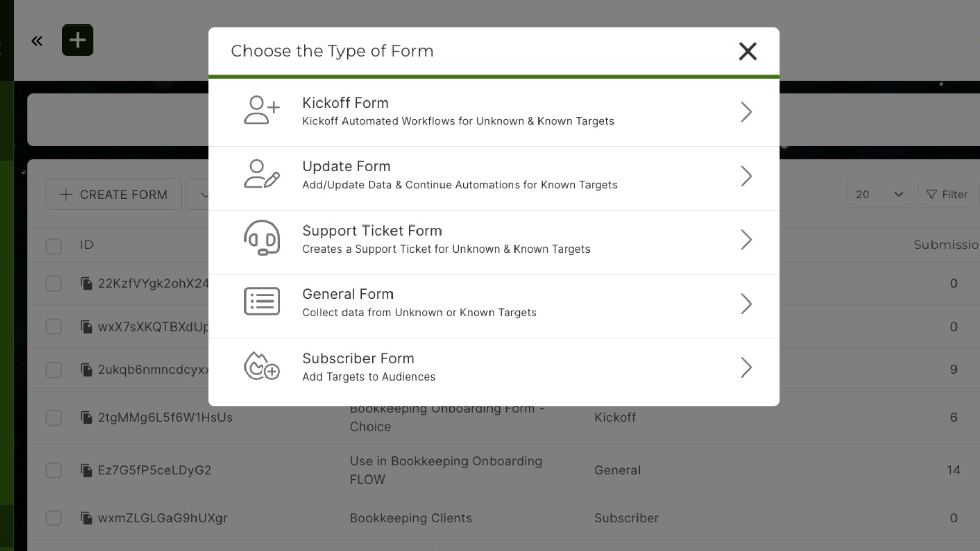 A computer screen with a popup window that says choose the type of form