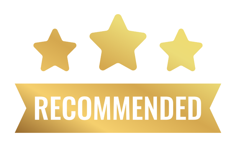 A gold ribbon with three stars and the word recommended on it.