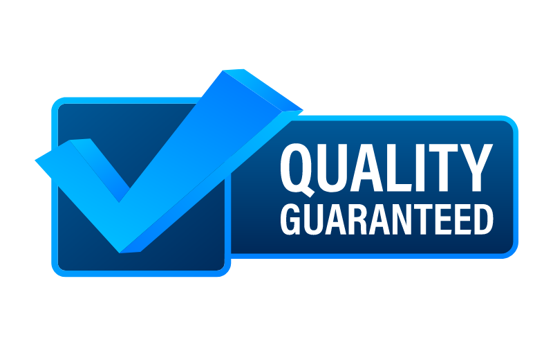 A blue sign that says quality guaranteed with a check mark.