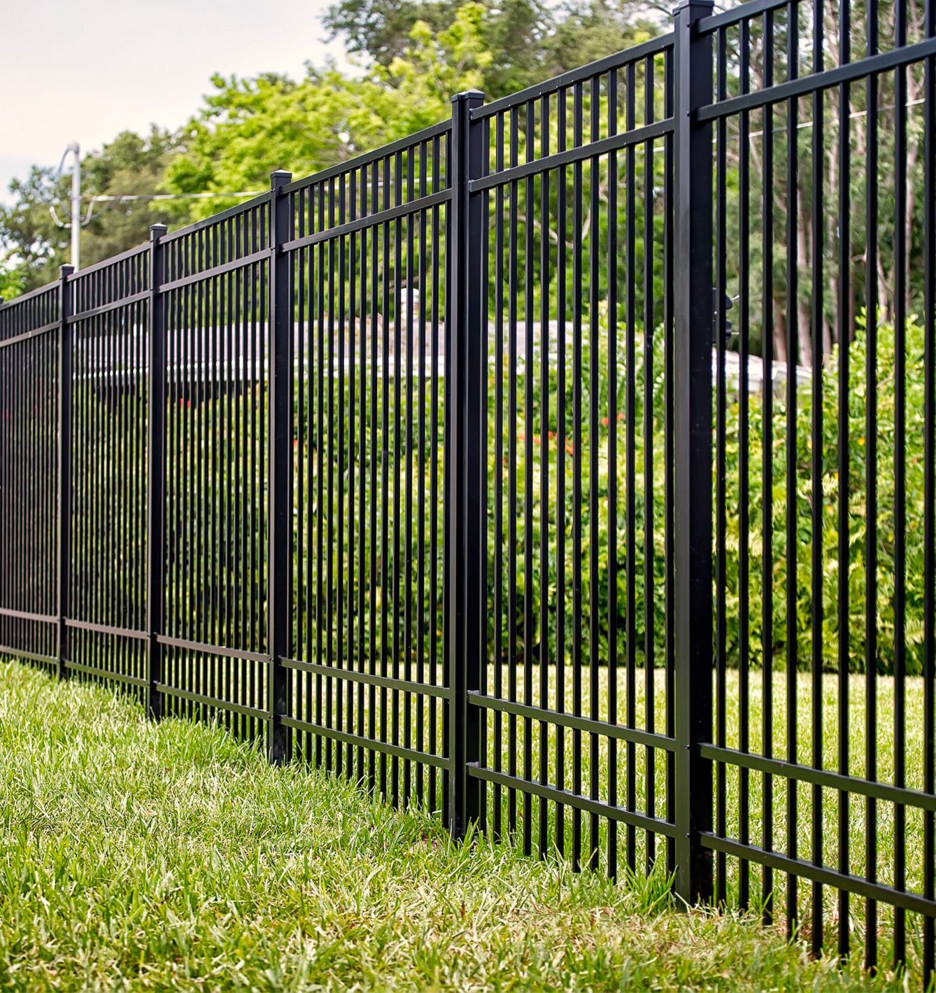 A black metal fence surrounds a lush green field.