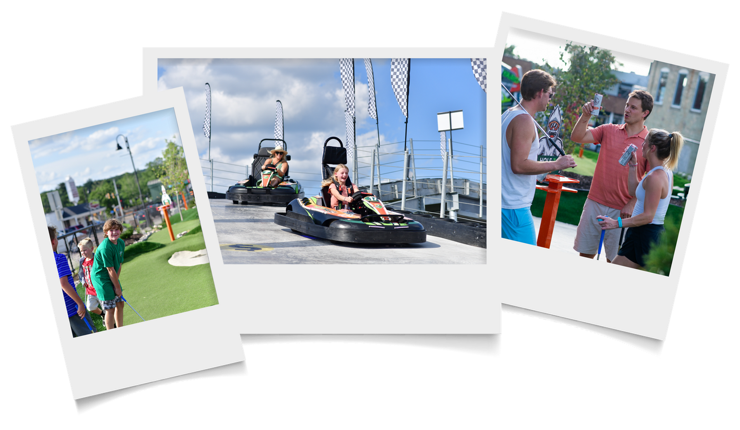 A collage of three photos of people riding go karts.