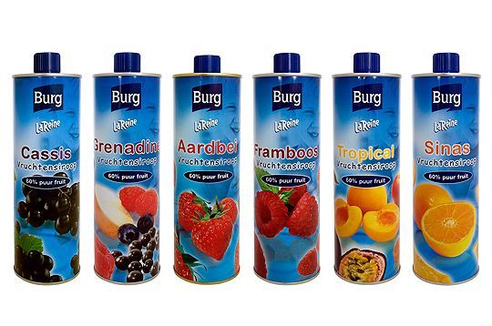 Six bottles of burg juice are lined up in a row