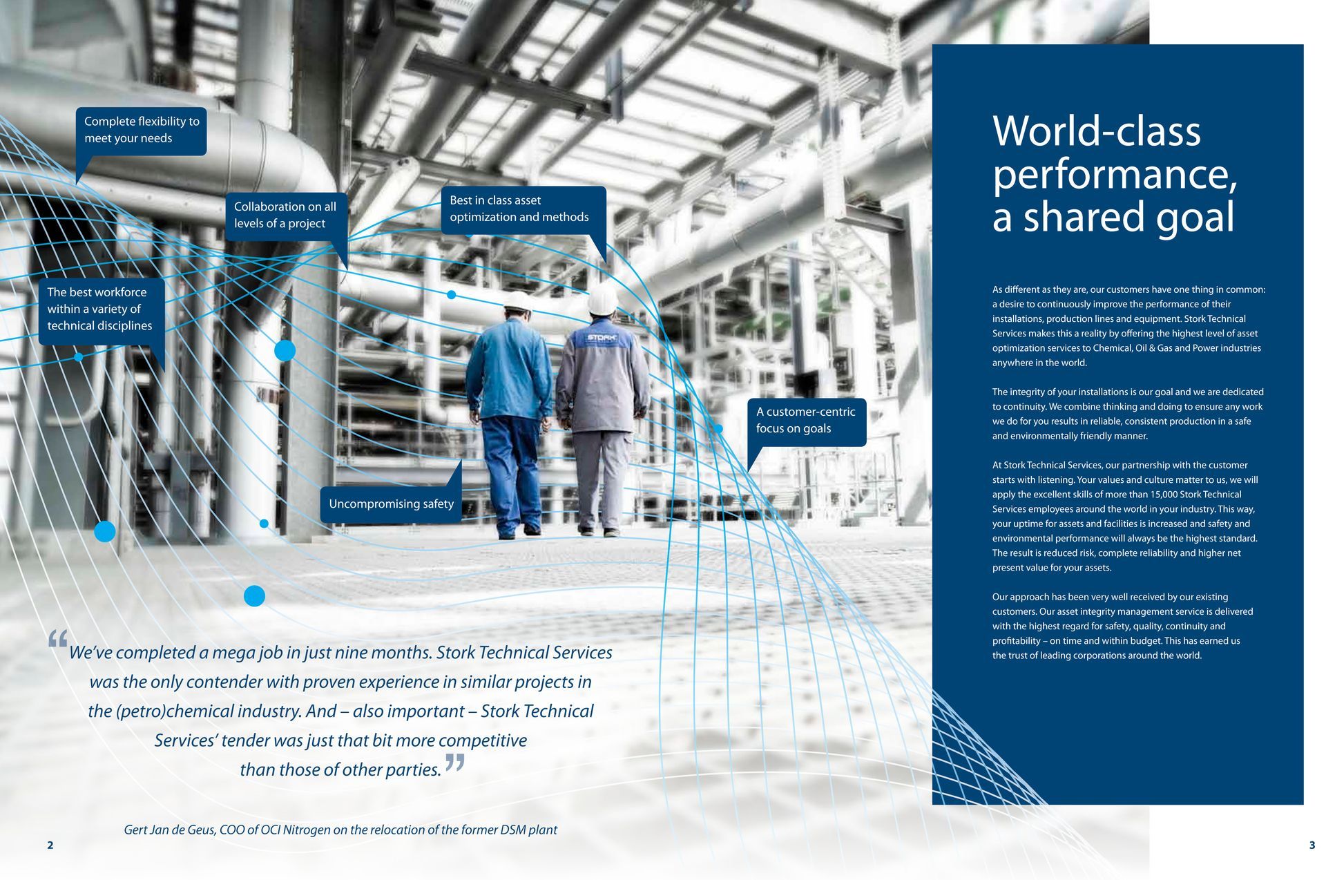 Two men are walking in a factory with a sign that says world-class performance , a shared goal.