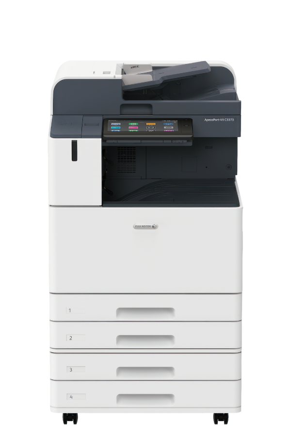A black and white printer with drawers on a white background.