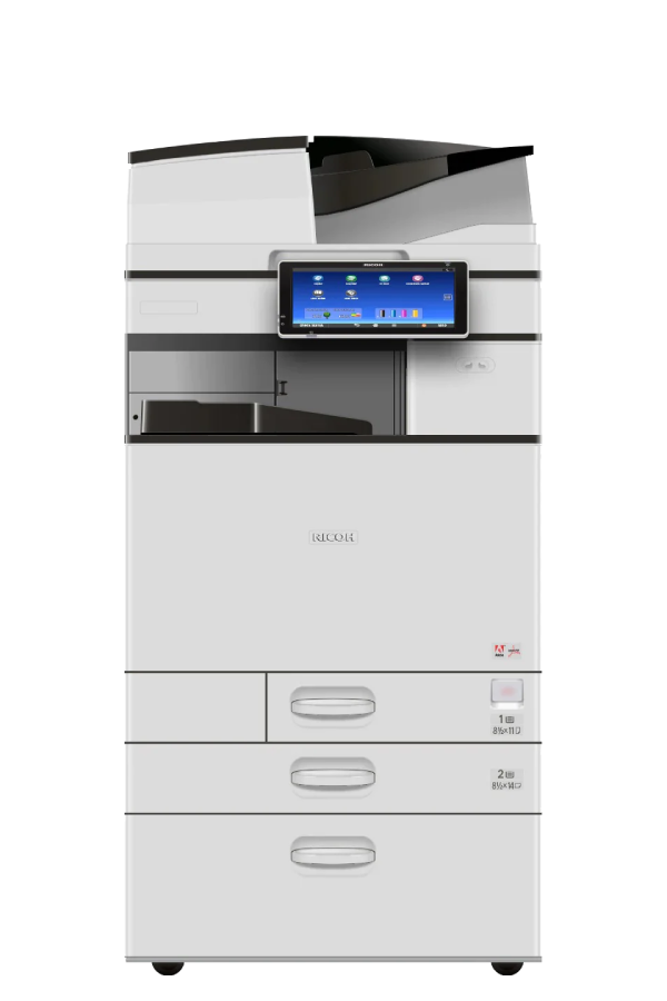 A white printer with a blue screen on top of it on a white background.