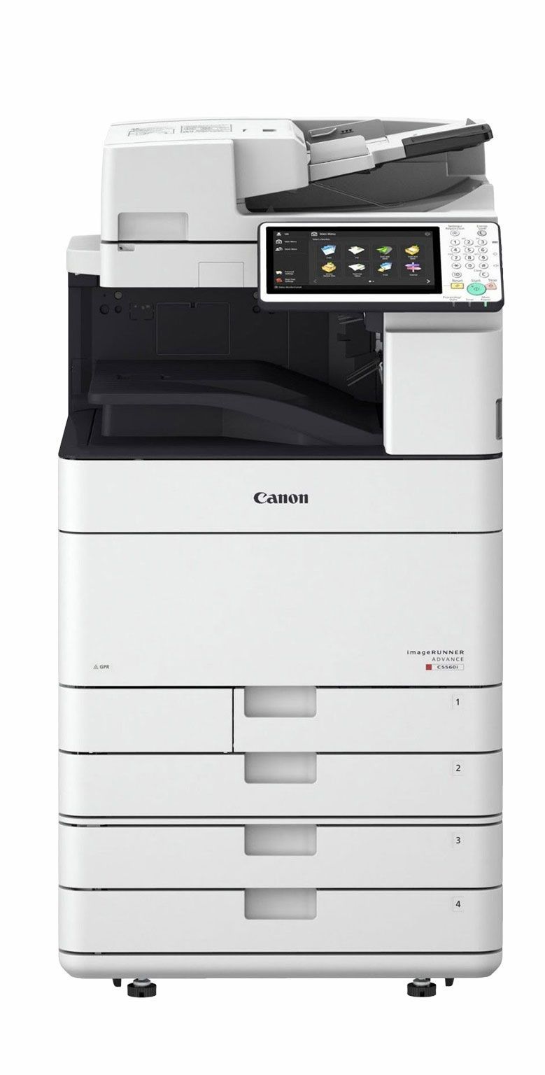 A large white printer with drawers on a white background.
