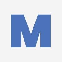 A blue letter m on a white background.
