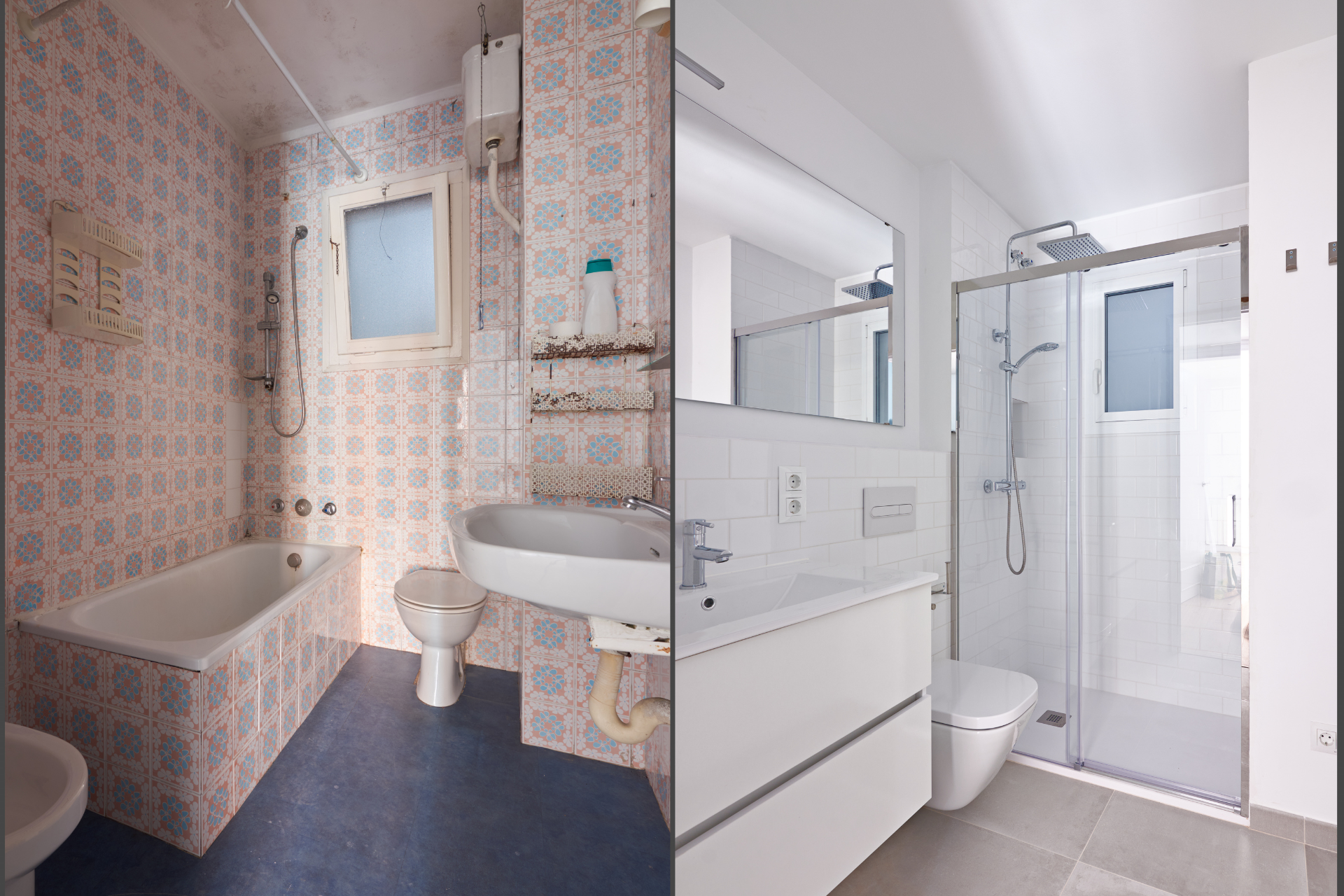Before and after bathroom renovation. Left: old, cramped with dated tiles. Right: modern, spacious with sleek fixtures, white tiles, and a glass shower.
