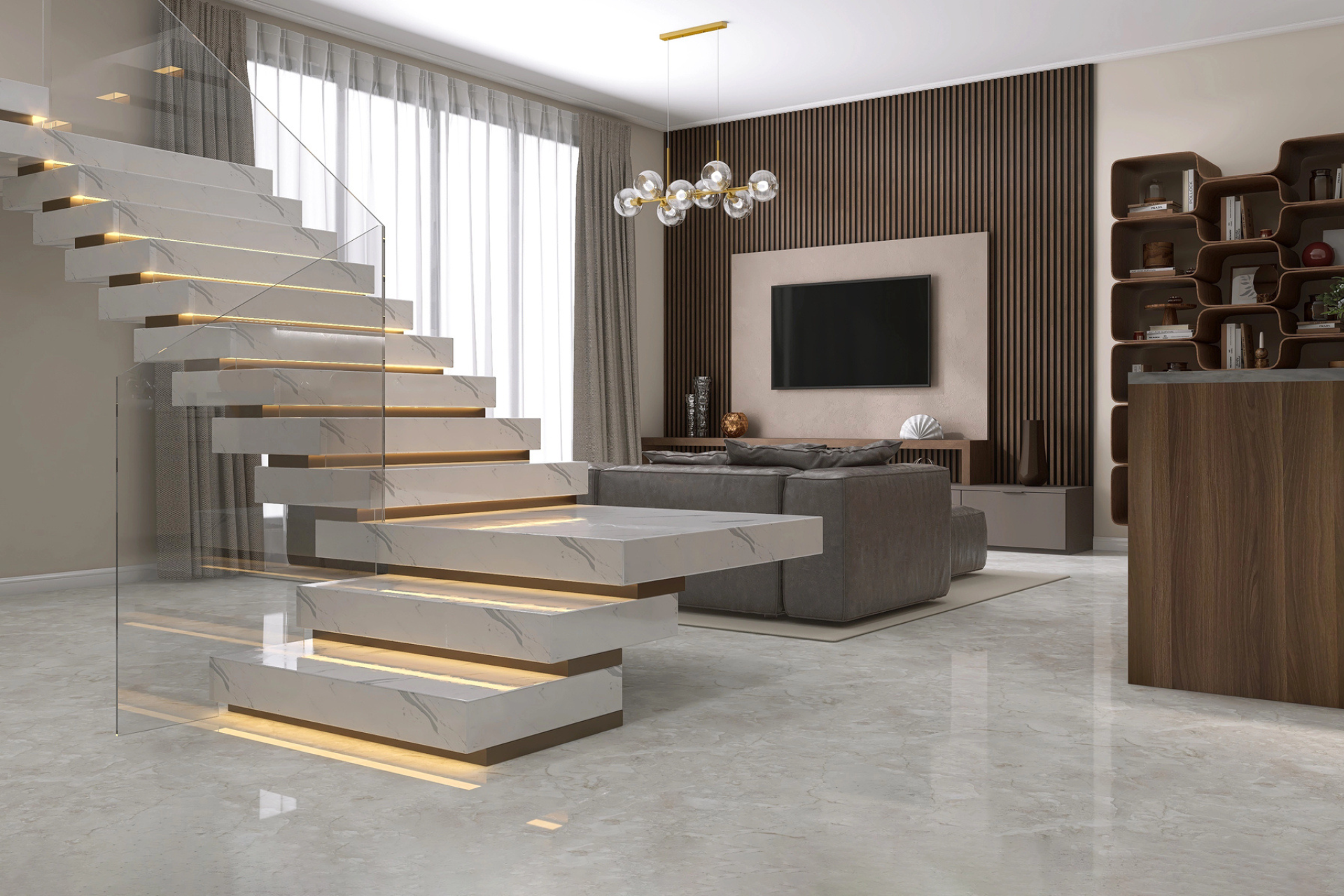 Modern living room with a sleek floating staircase, marble steps, and glass railing. A cozy gray sofa sits in front of a TV, creating a warm, elegant atmosphere.