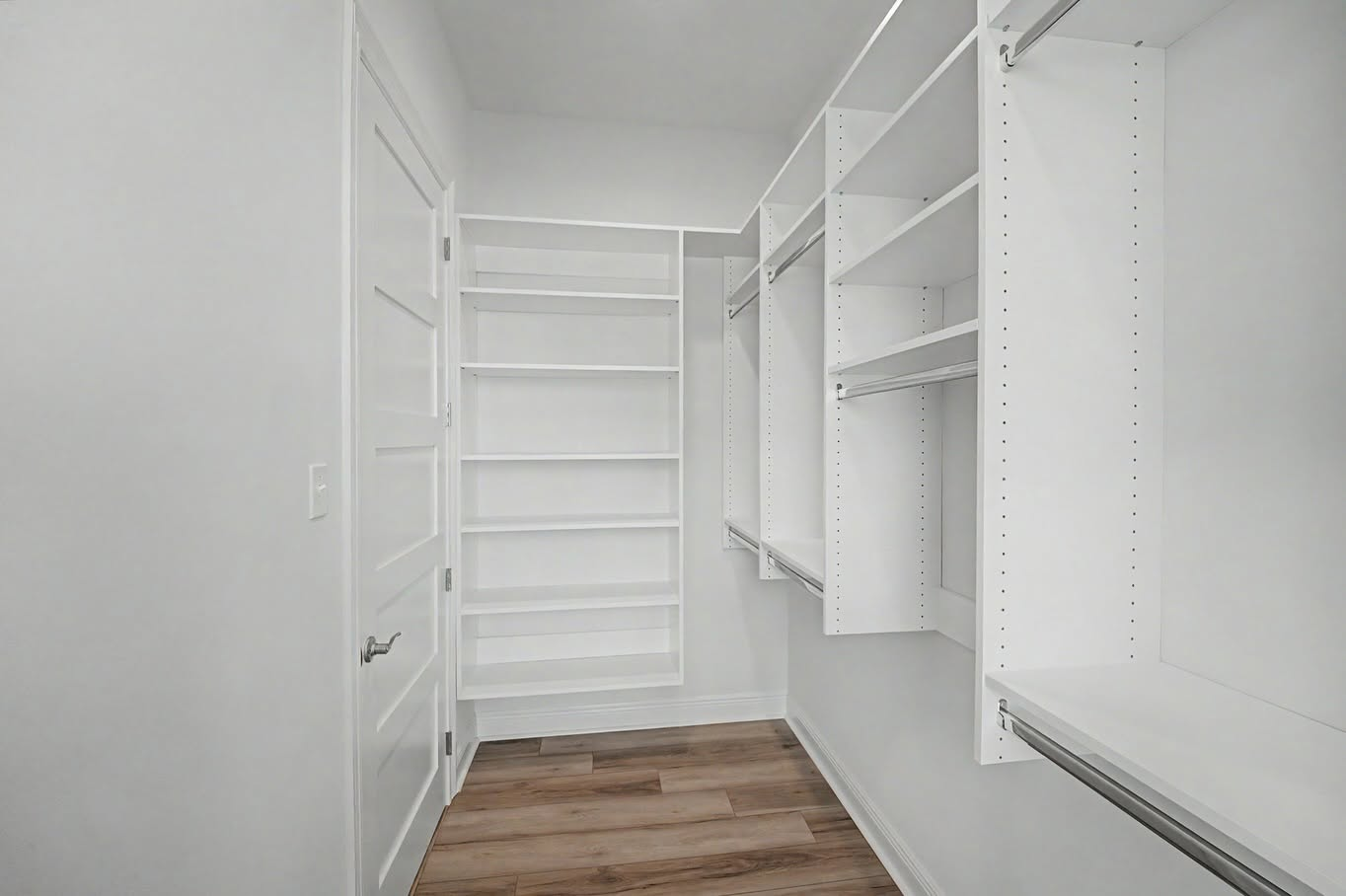Walk-in closet with custom white shelving, hanging rods and wood-look flooring