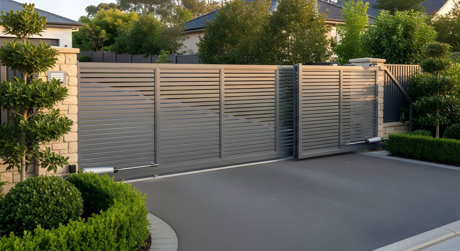 Metal gate with a wheel at the top, outdoors. Gray frame and wire mesh.