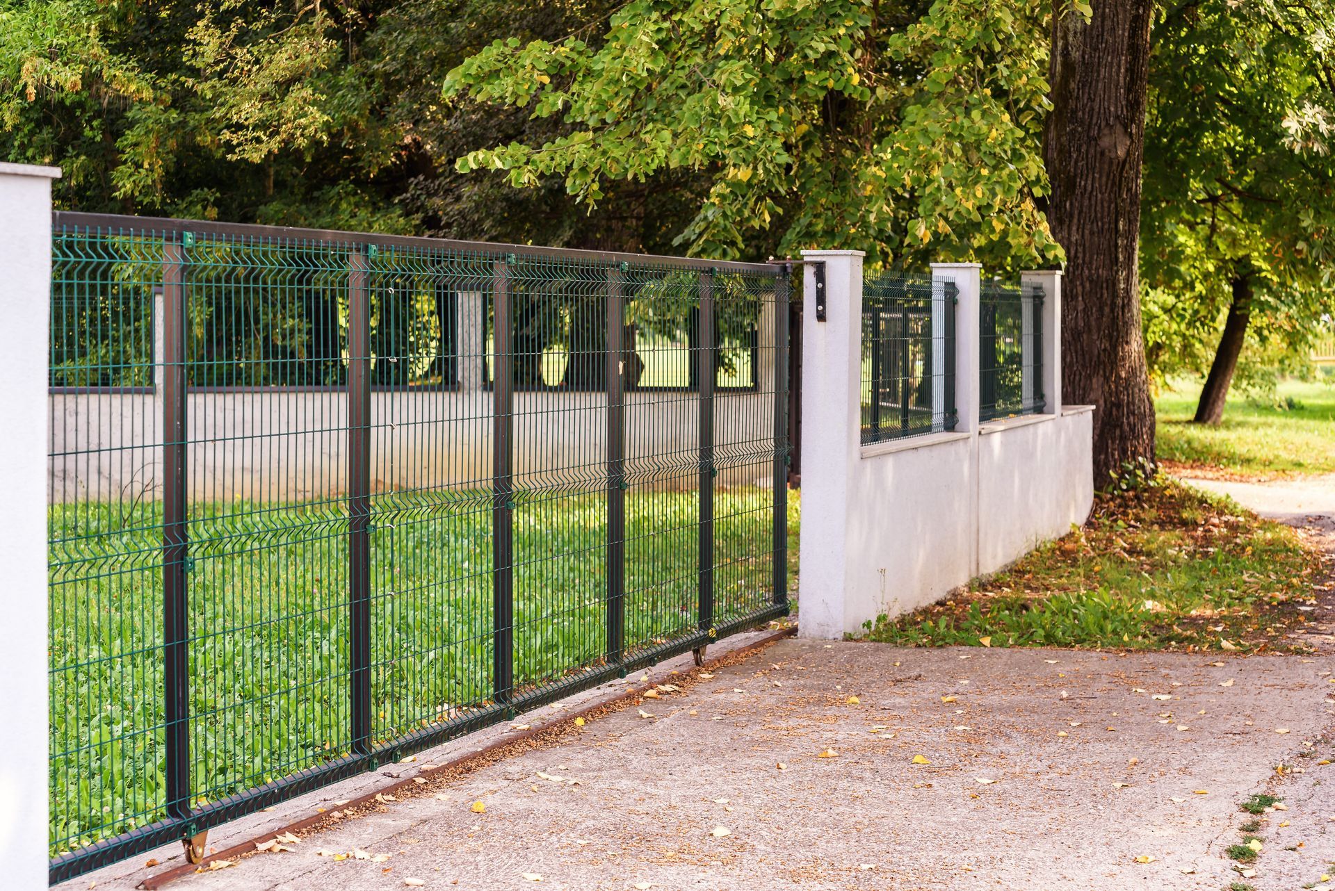 Green metal fence and gate beside a white concrete wall, with a tree and greenery.