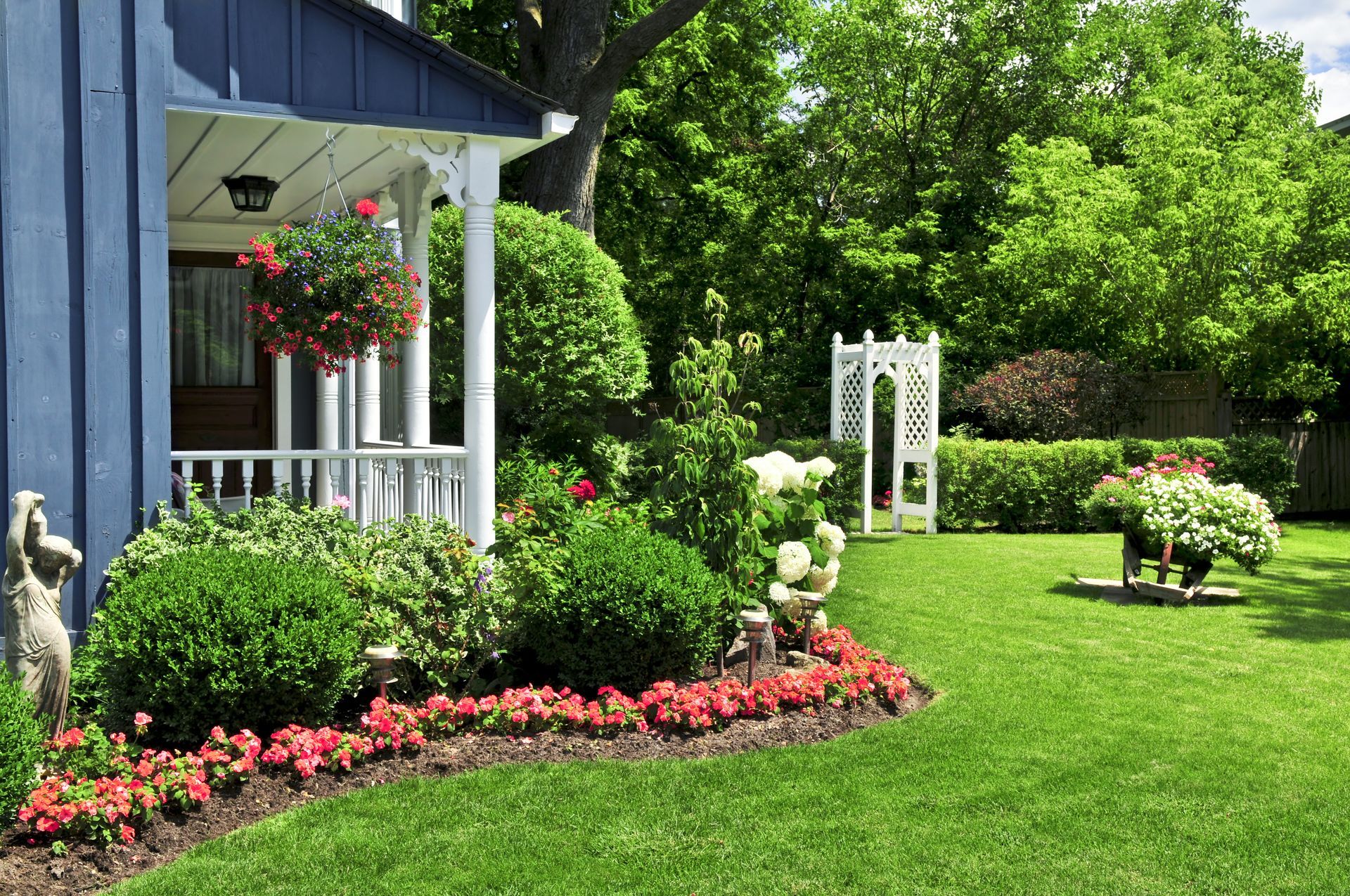 A blue house with a white porch and a lush green yard