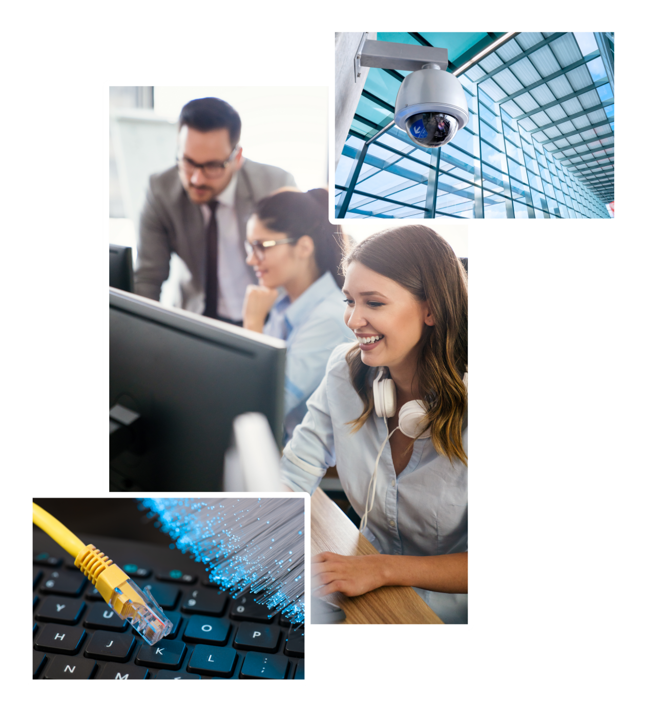 a collage of a phone system, network illustration, and Keating team photo