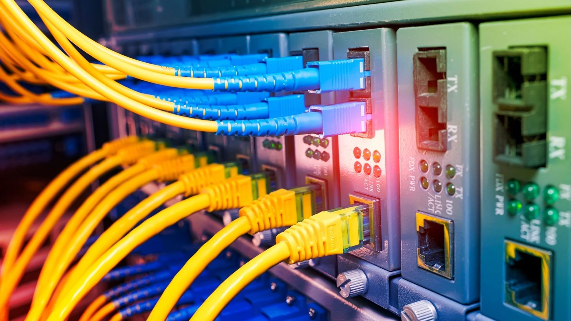 Network server with yellow Ethernet cables and blue fiber optic cables connected.