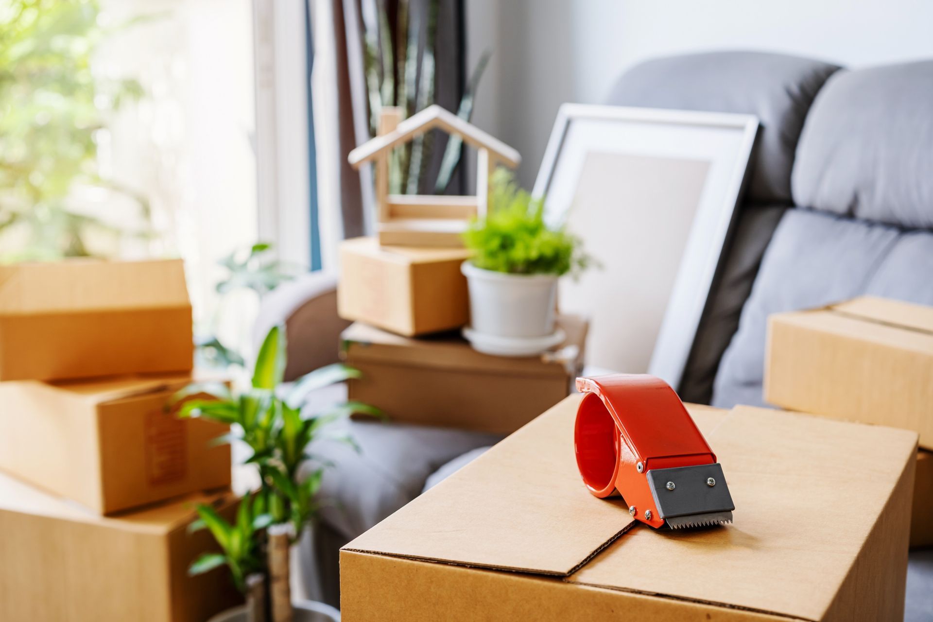 Cardboard packing boxes and a tape dispenser sit in a living room, suggesting a process of moving or packing.