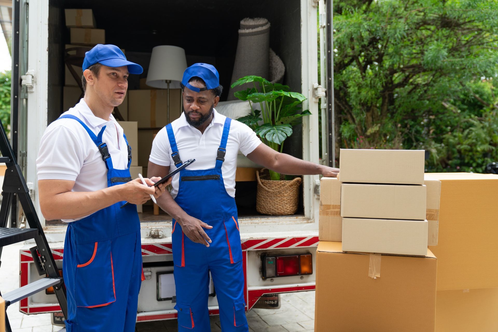 Two movers in blue uniforms and caps consult a clipboard outside a moving truck loaded with boxes and household items.