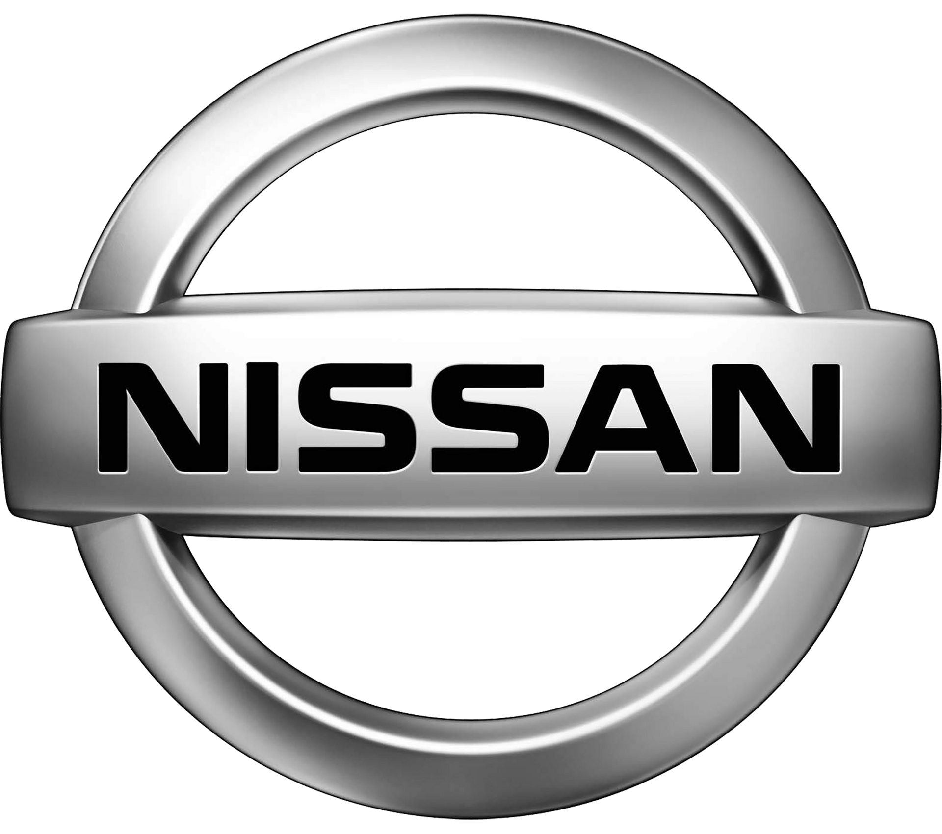 A silver Nissan logo on a white background