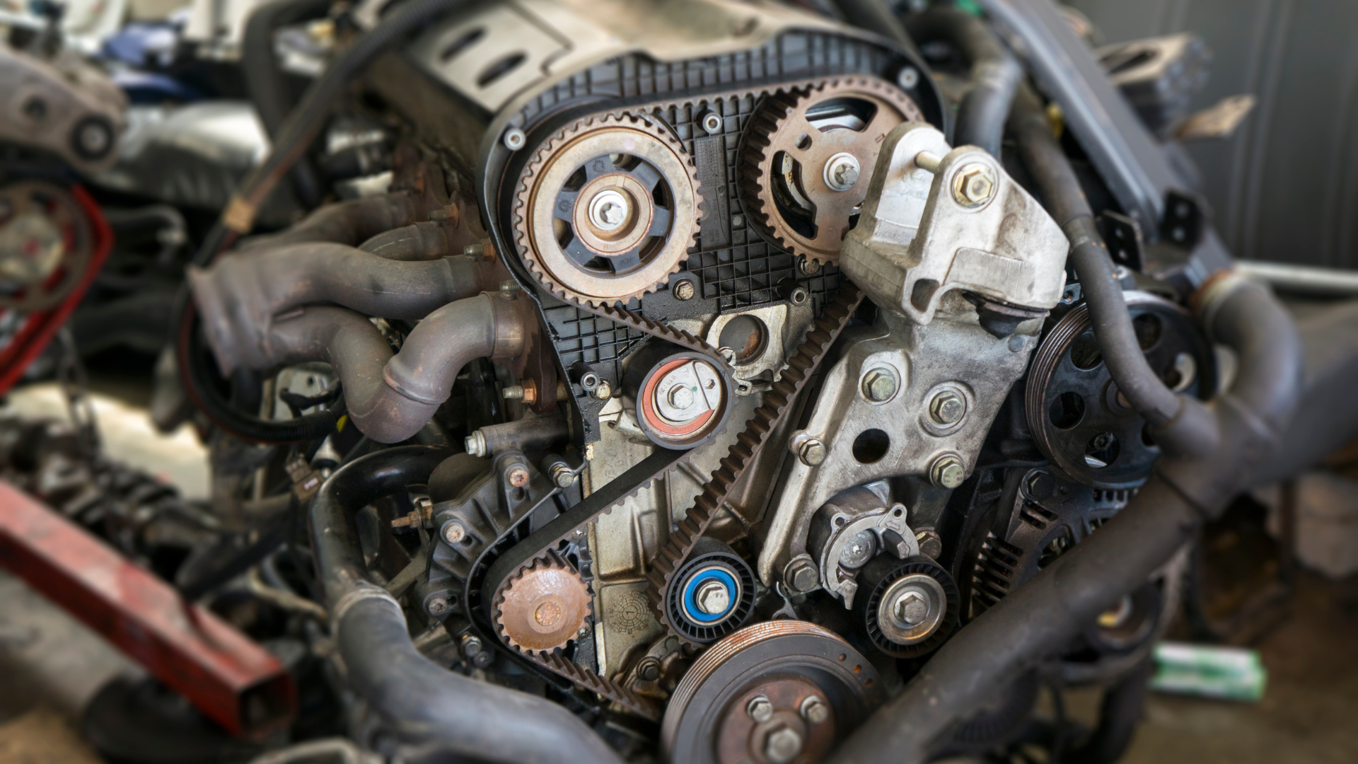 A close up of a car engine with a belt on it.