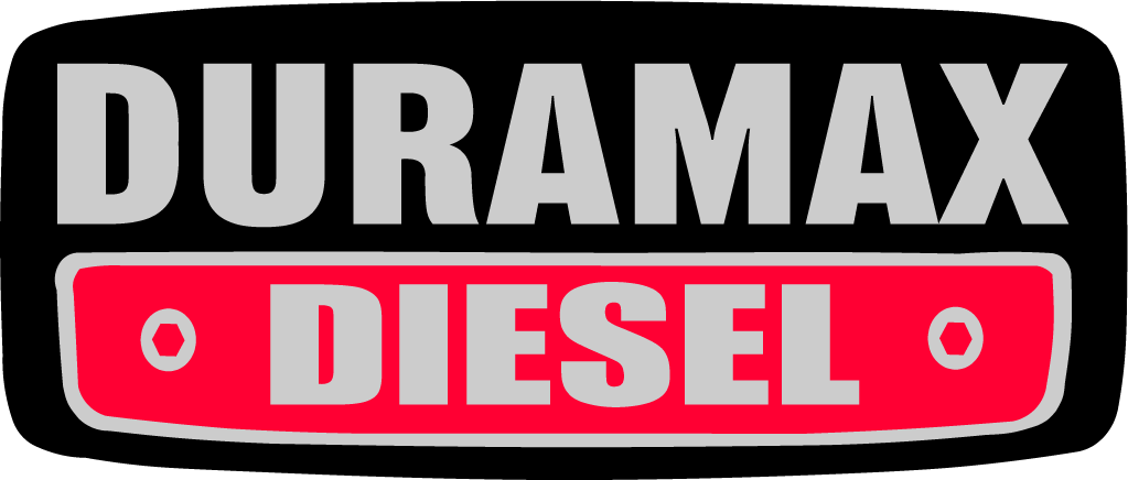 The logo for Duramax diesel is red and white on a black background.