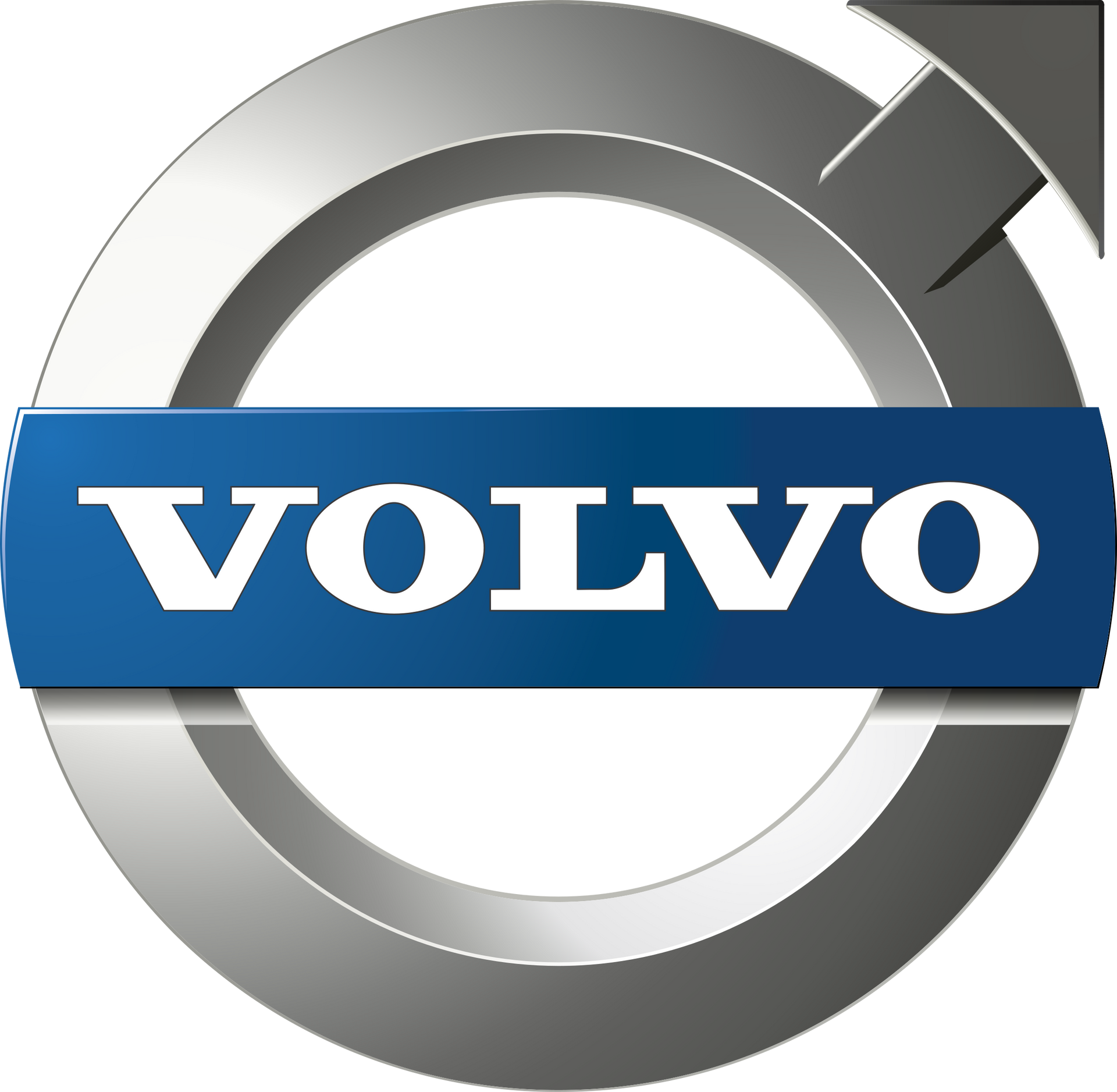 A blue and silver Volvo logo on a white background