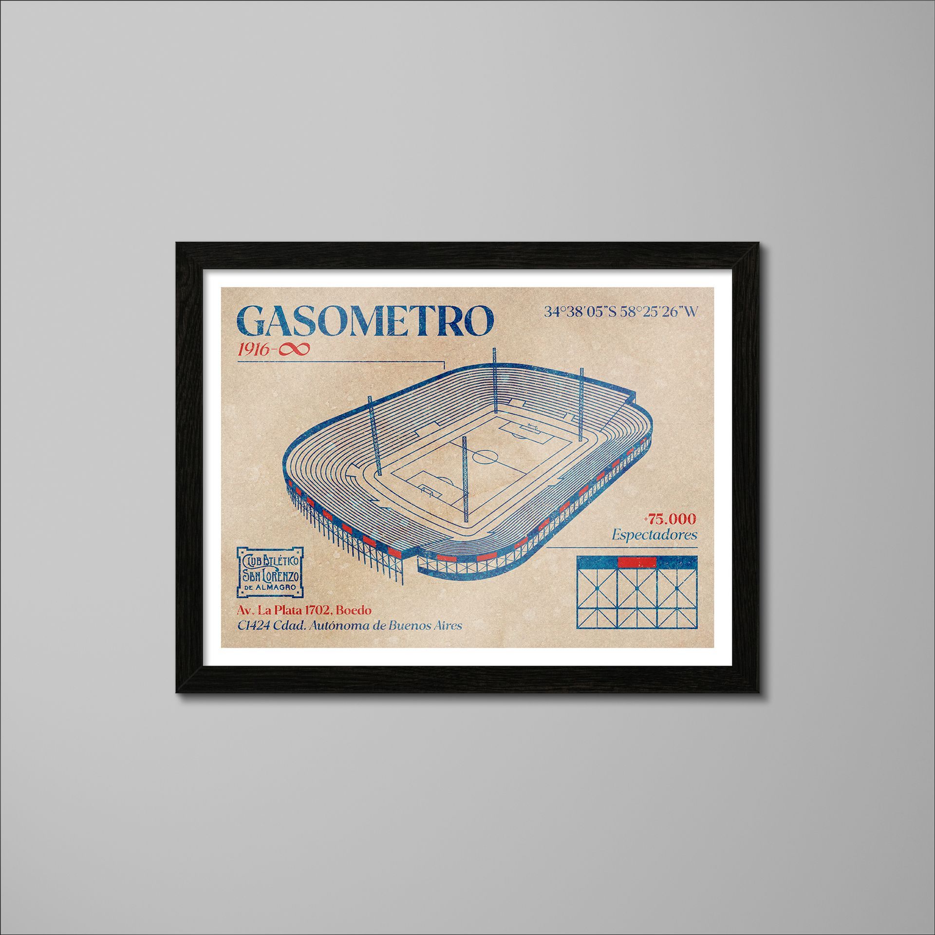 Un dibujo enmarcado de un estadio llamado gasómetro.