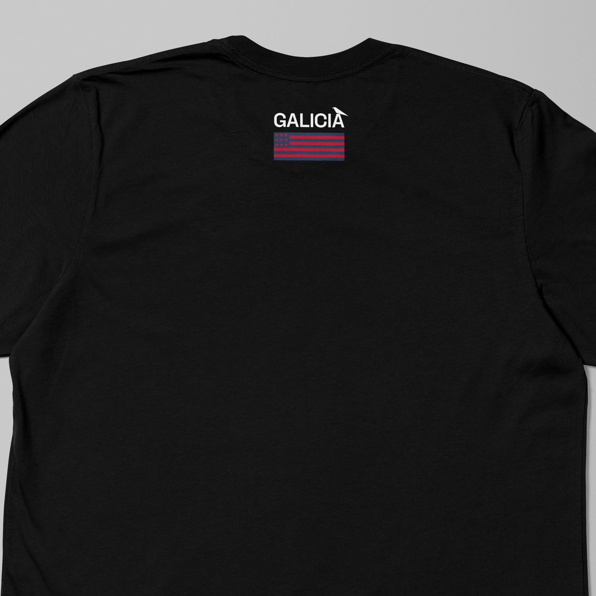 Camiseta negra con logo centrado: cruz de Santiago roja sobre emblema circular azul y blanco.