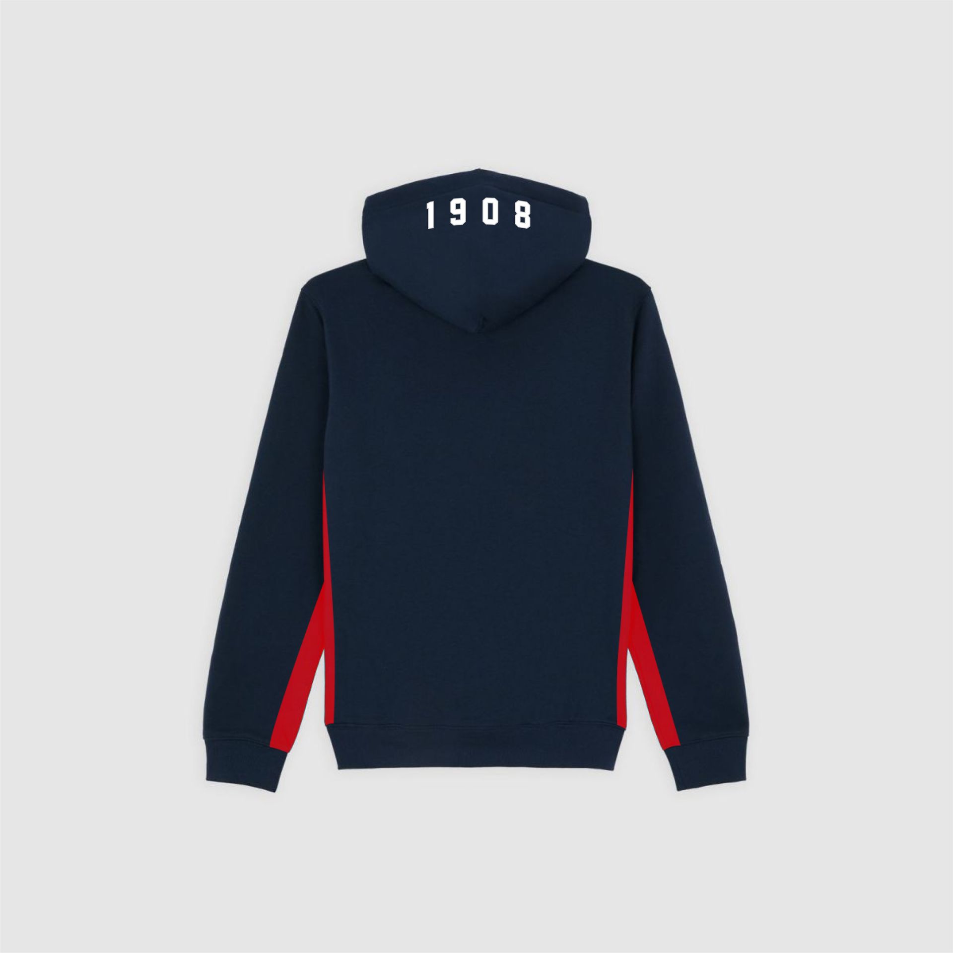 Sudadera con capucha azul marino con paneles laterales rojos; texto arqueado y escudo 