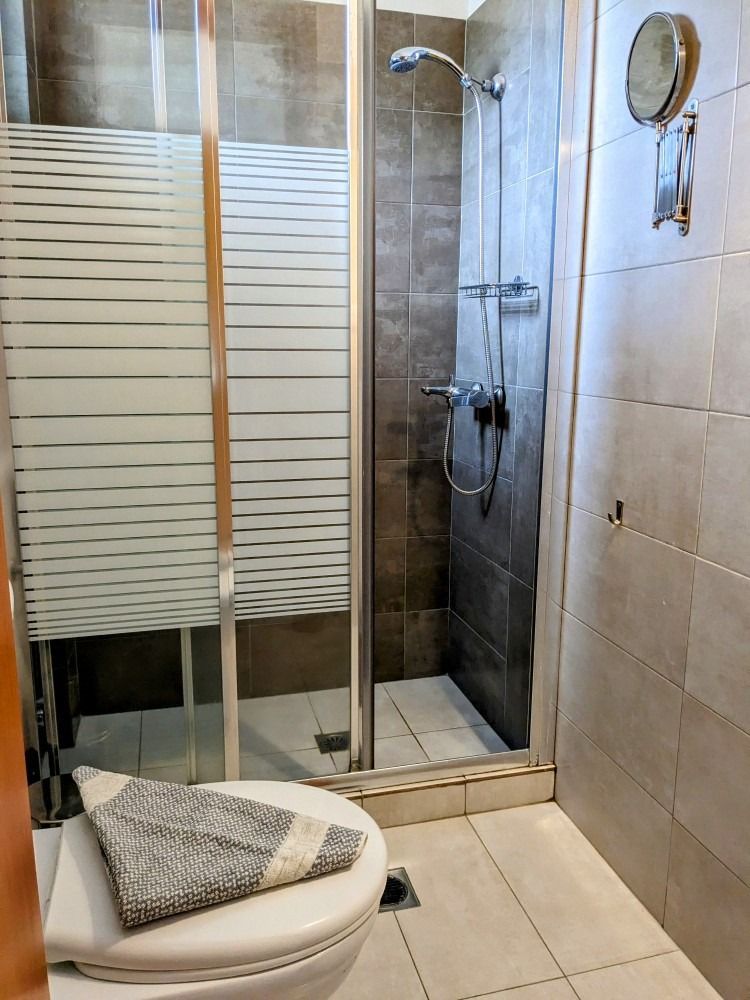 A bathroom with a toilet , shower and mirror