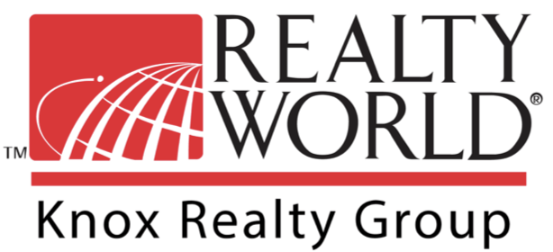 the realty world knox realty group logo is red and black .