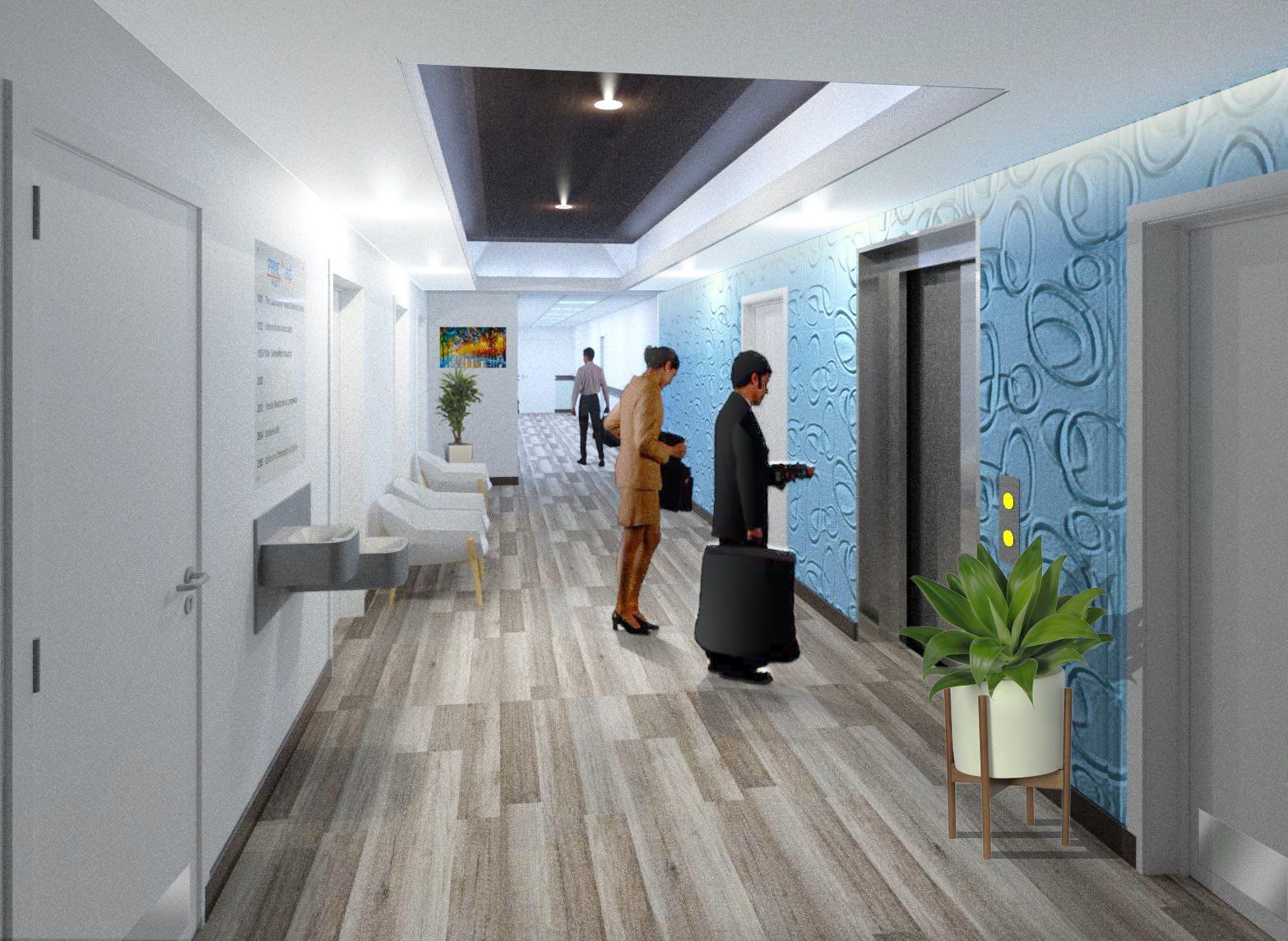 a man and a woman are standing in a hallway .