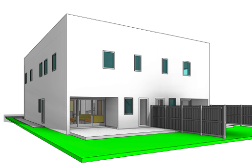 a white building with a green lawn in front of it