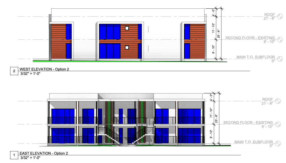 a couple of drawings of a building with blue windows