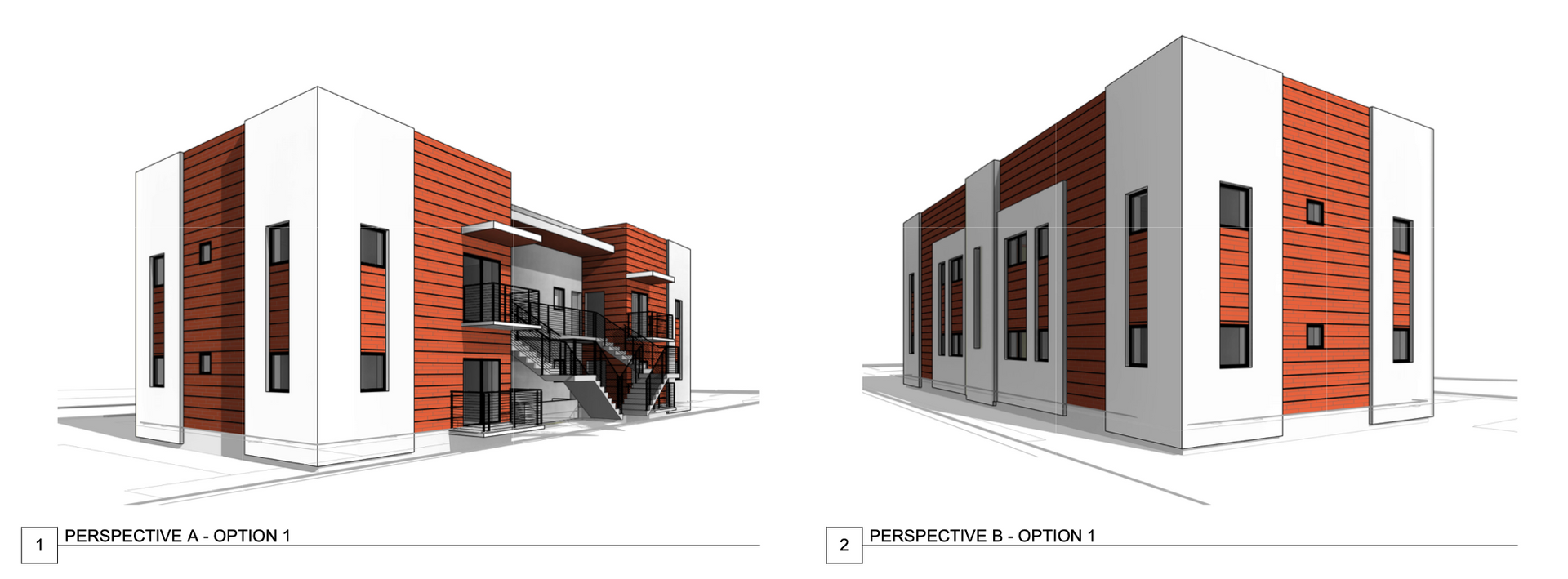 two drawings of a building with red and white bricks