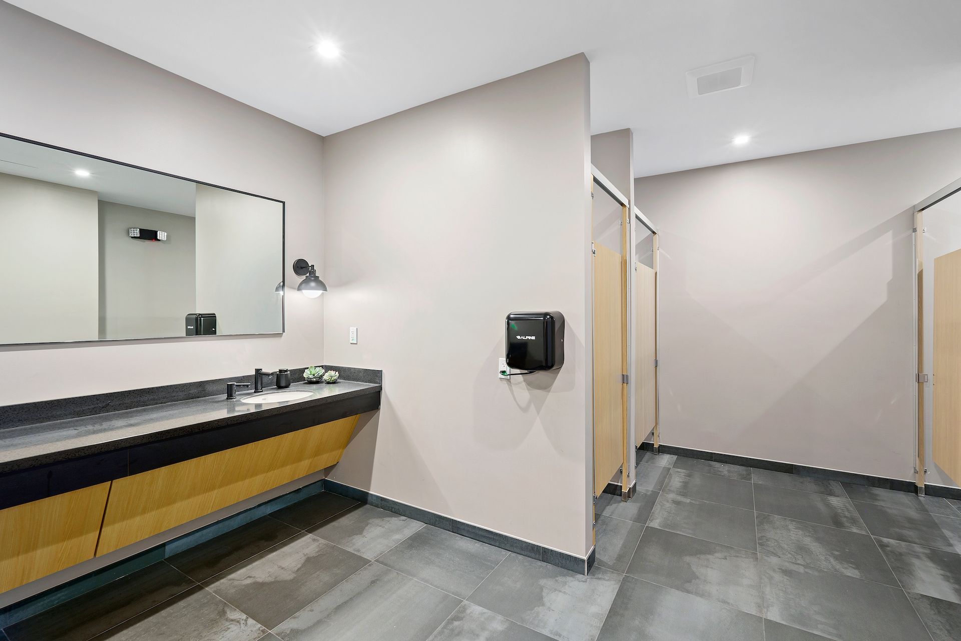 A bathroom with a sink , mirror and toilets.