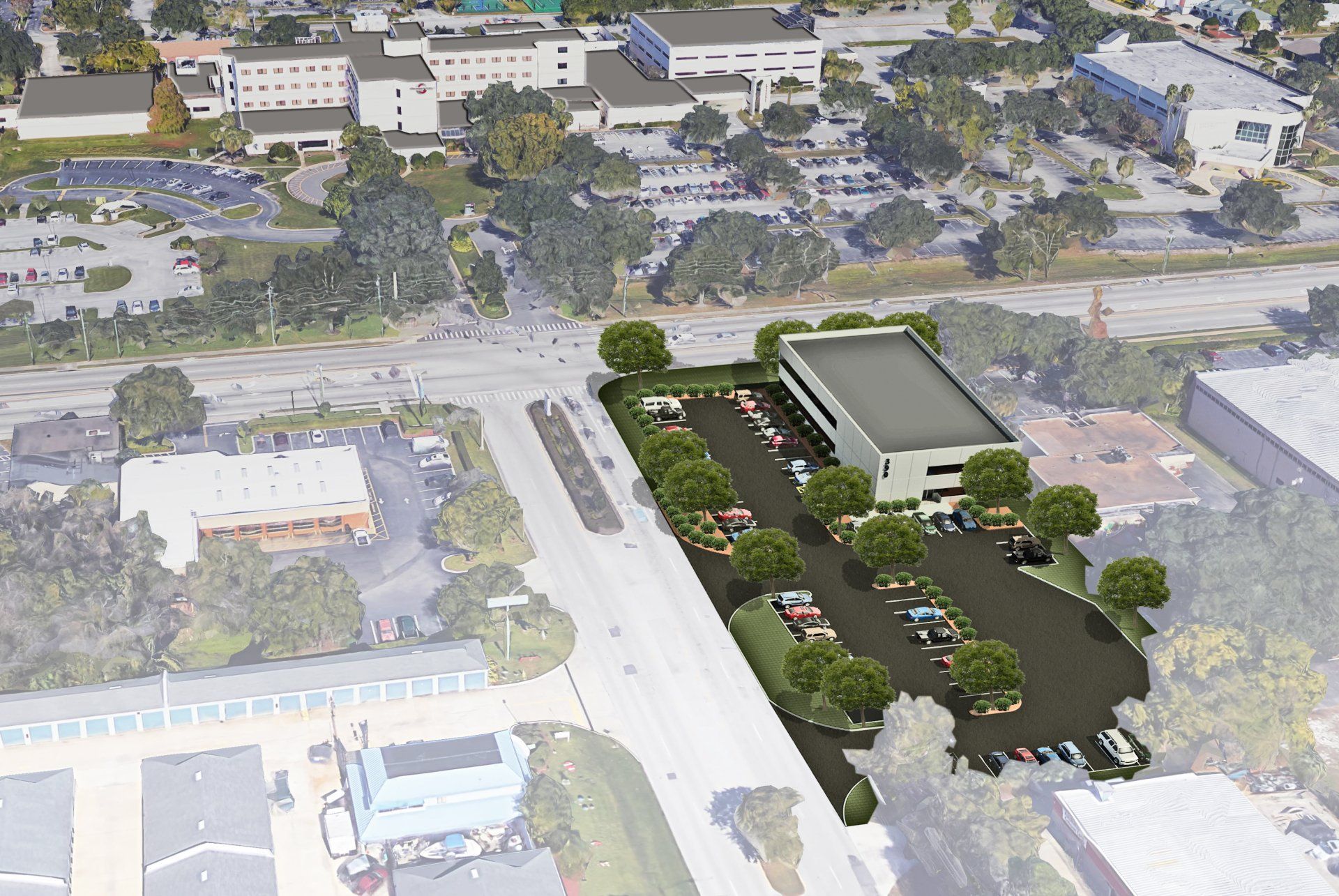 an aerial view of a large building in a city