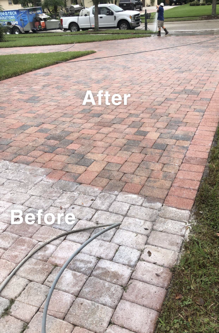 A before and after picture of a brick driveway.