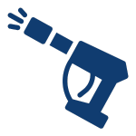 A blue icon of a high pressure washer spraying water.