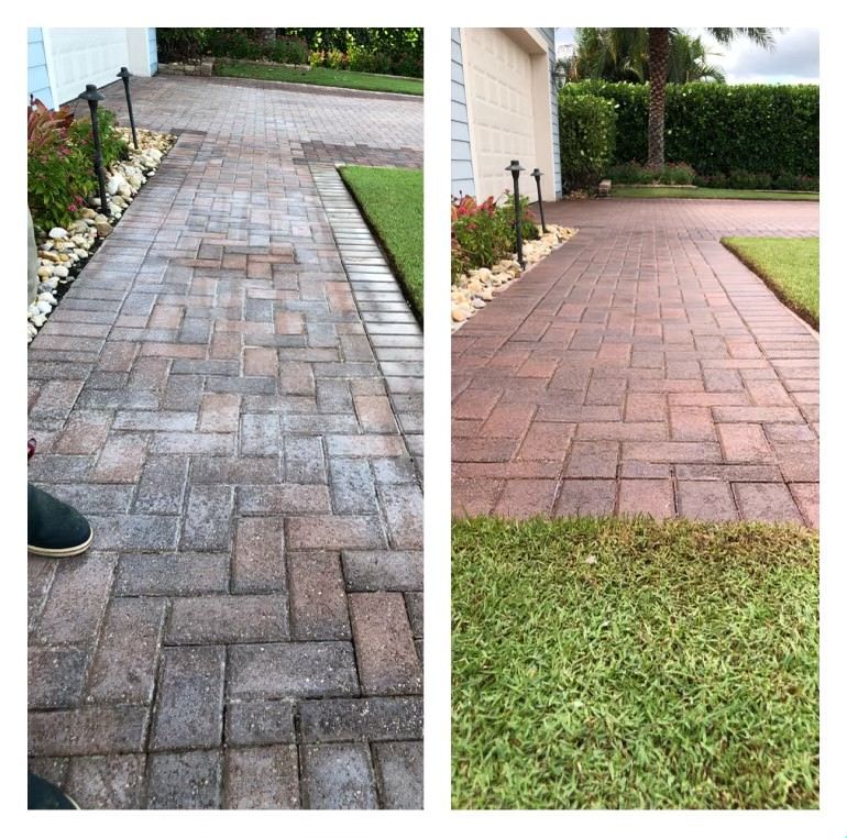 A before and after photo of a brick walkway.