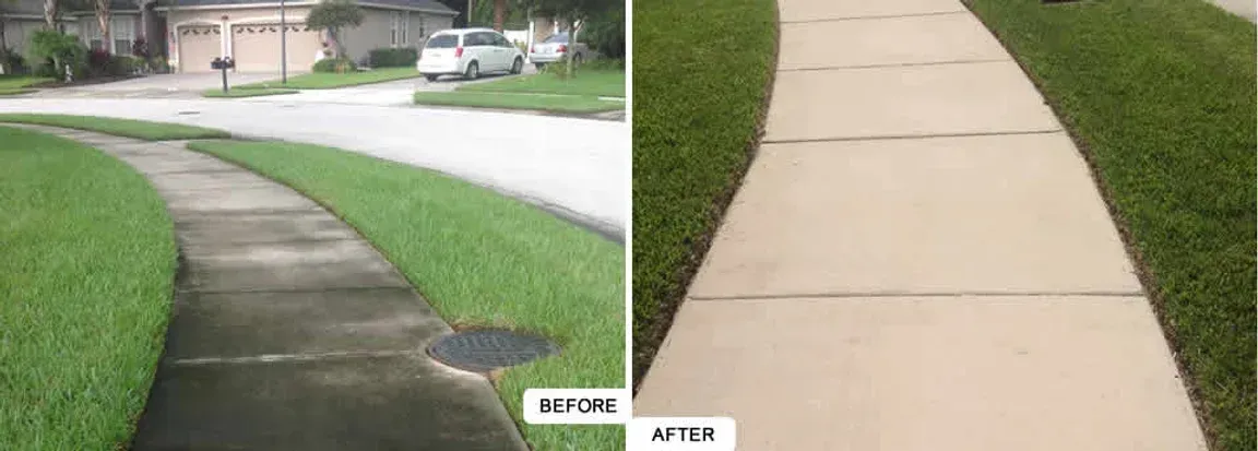A before and after picture of a sidewalk with grass growing on it.