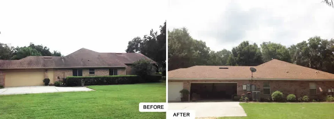 A before and after picture of a house with a brown roof.