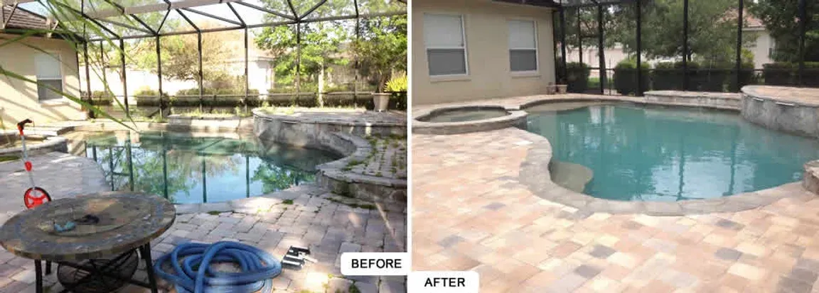 A before and after photo of a swimming pool.
