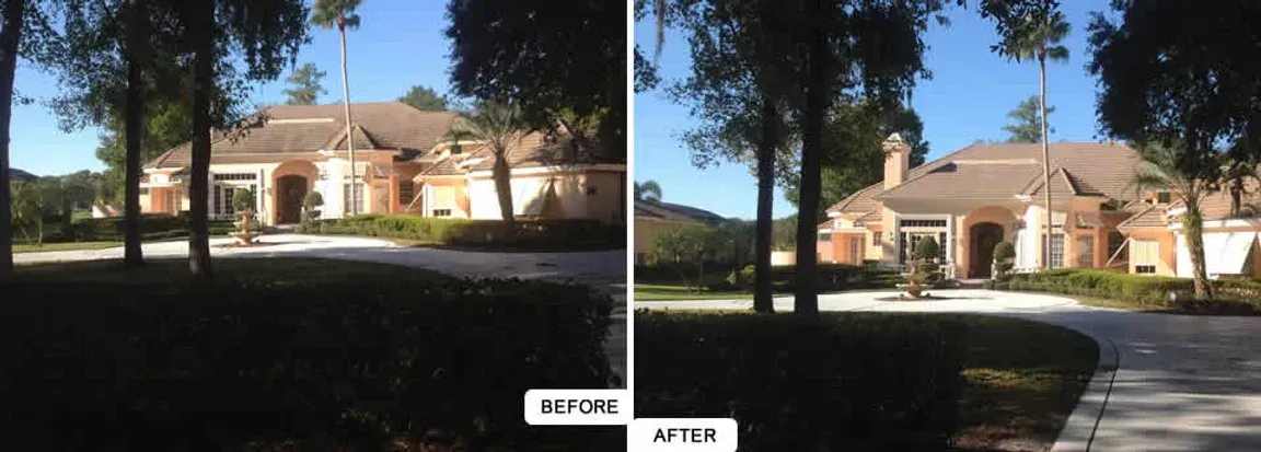A before and after photo of a large house