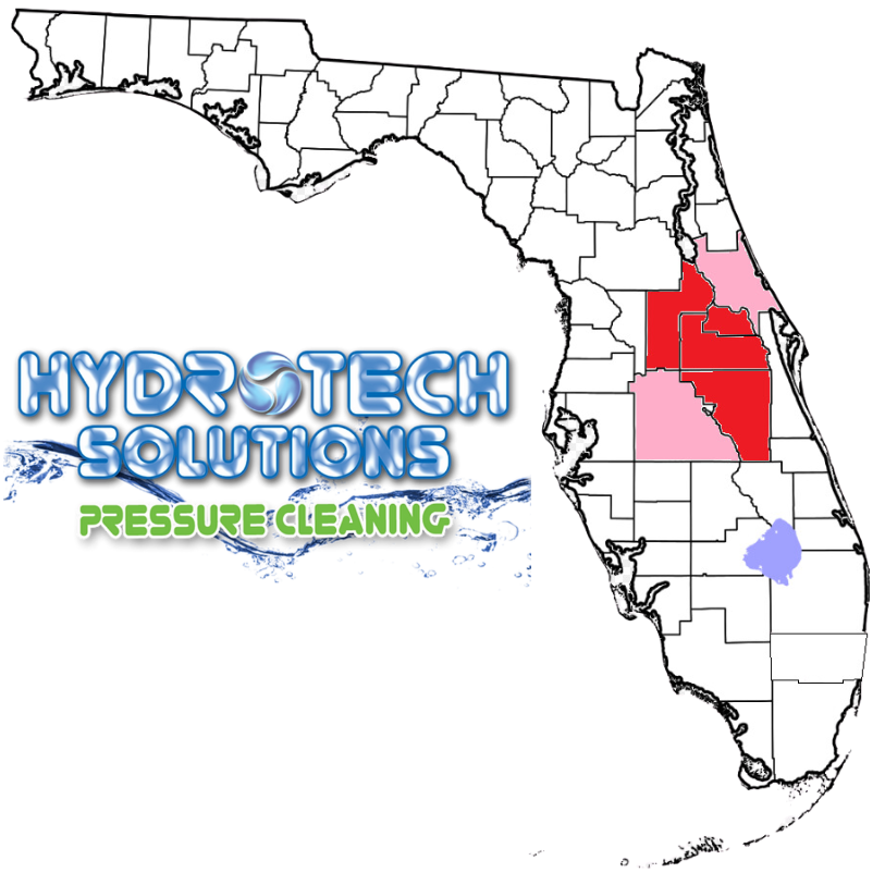 A map of florida with hydrotech solutions pressure cleaning written on it