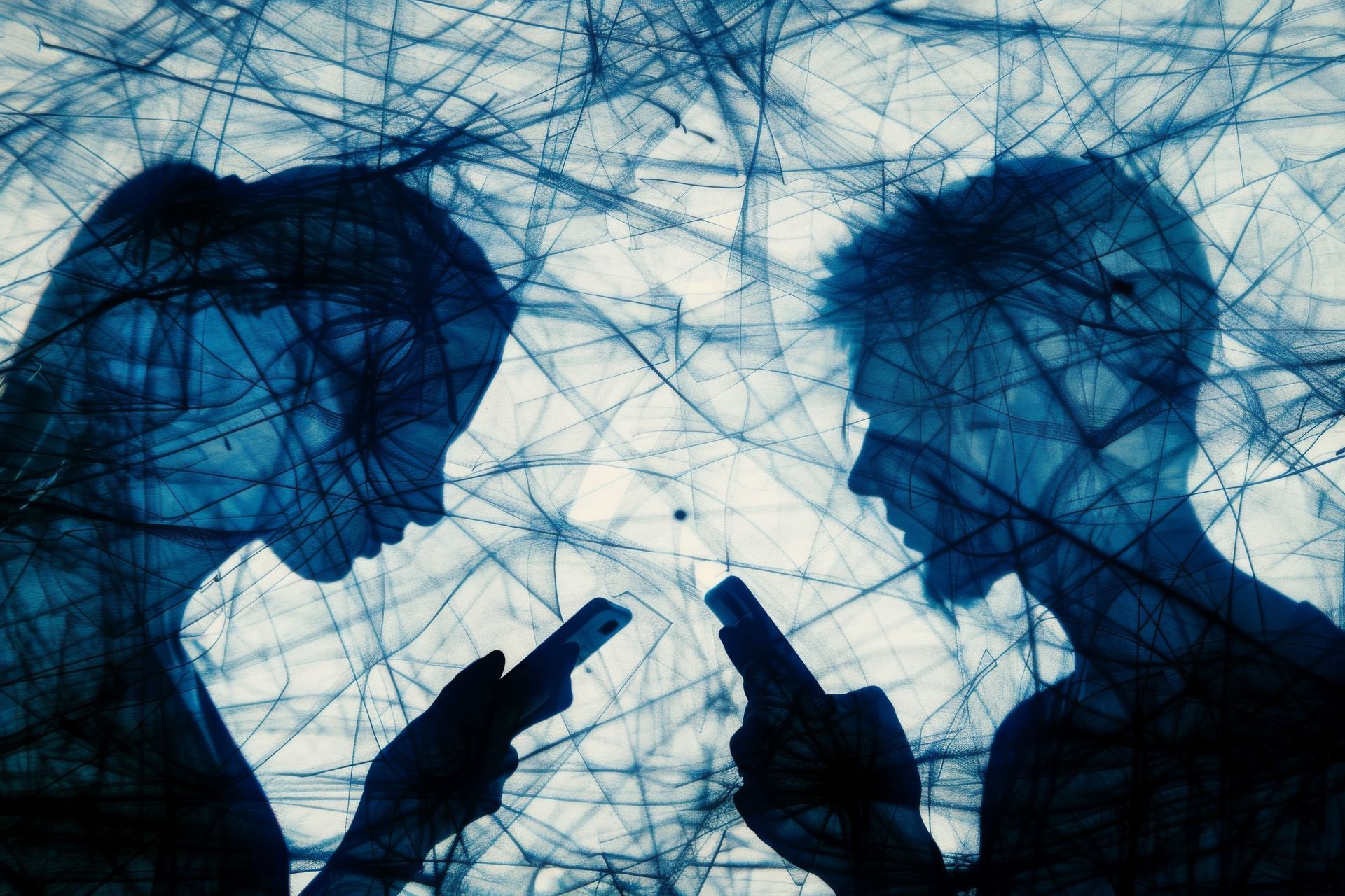 A man and a woman are looking at their cell phones.