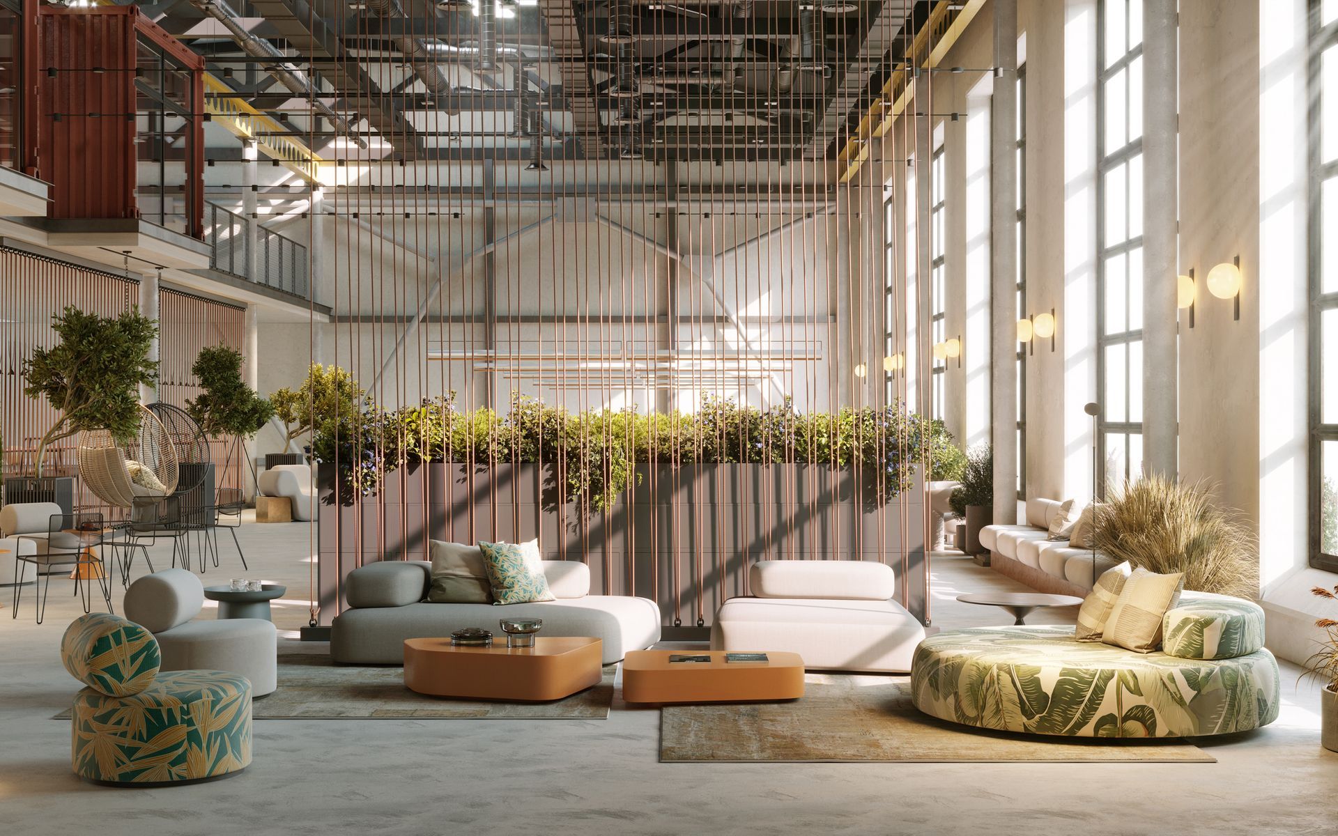 A living room with a lot of furniture and plants.