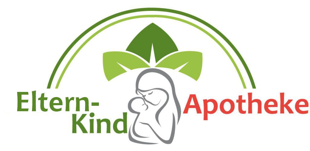 Logo mit einer Mutter, die ein Baby hält, grünen Blättern und dem Schriftzug „Eltern-Kind Apotheke“.