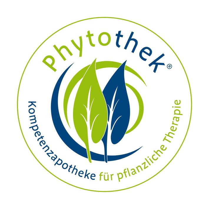 Logo: Green and blue leaves, encircled, 