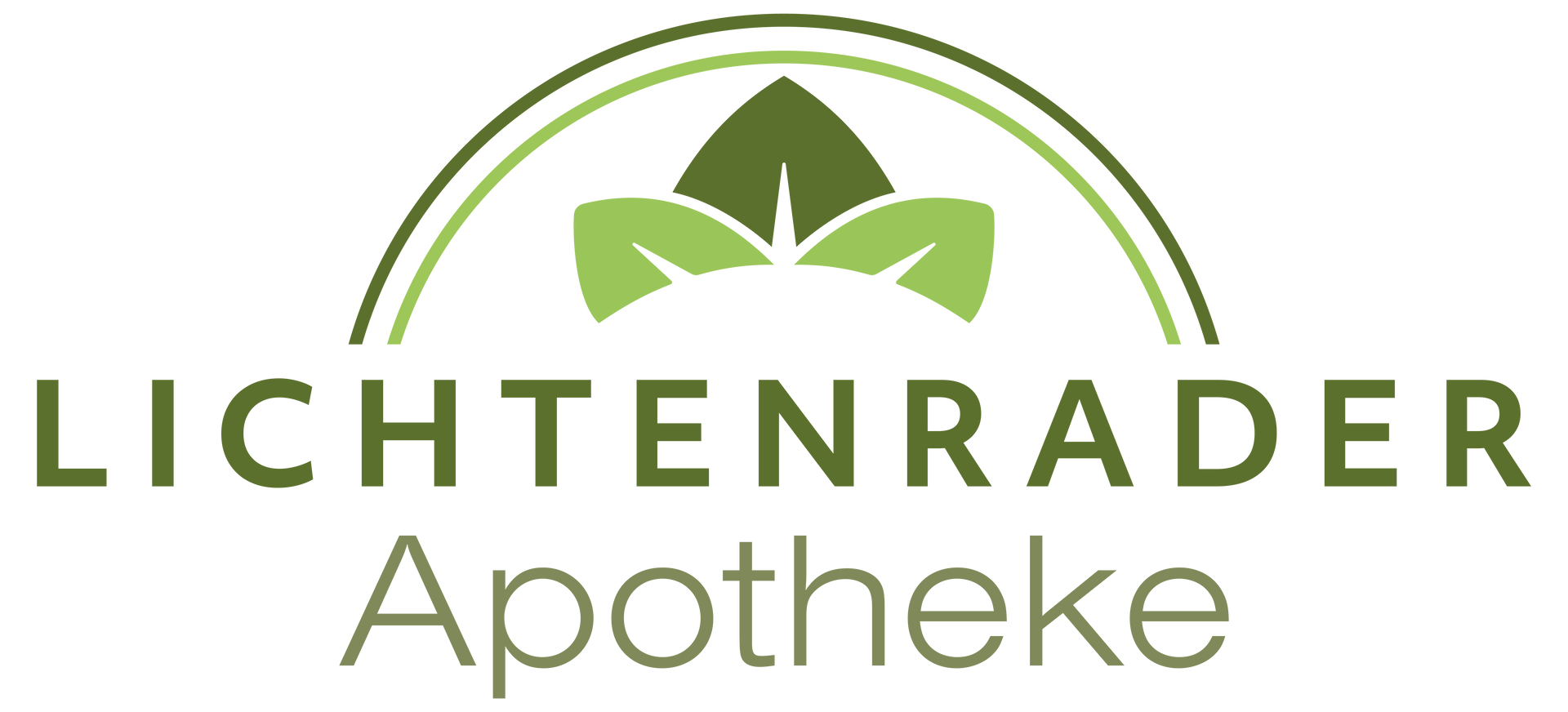 Logo of Lichtenrader Apotheke, green text, leaf design, arched lines.
